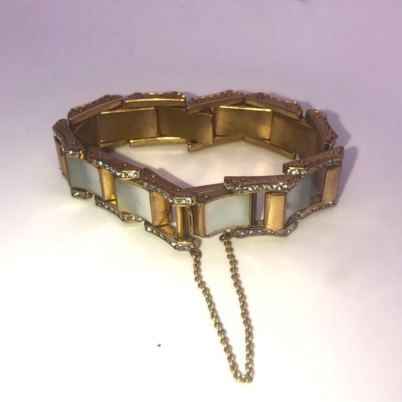 VTG Art Deco Rhinestone MOP Panel Gold /Brass Tone Bracelet w Safety Chain 6.5” - Picture 8 of 10